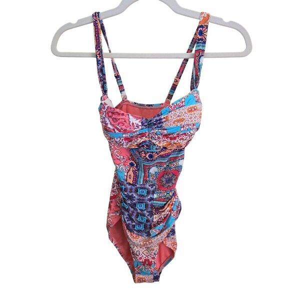 Bleu Rod Beattie Ruched Bandeau Mio One Piece Swimsuit Blue Coral Size 4 - Picture 2 of 7